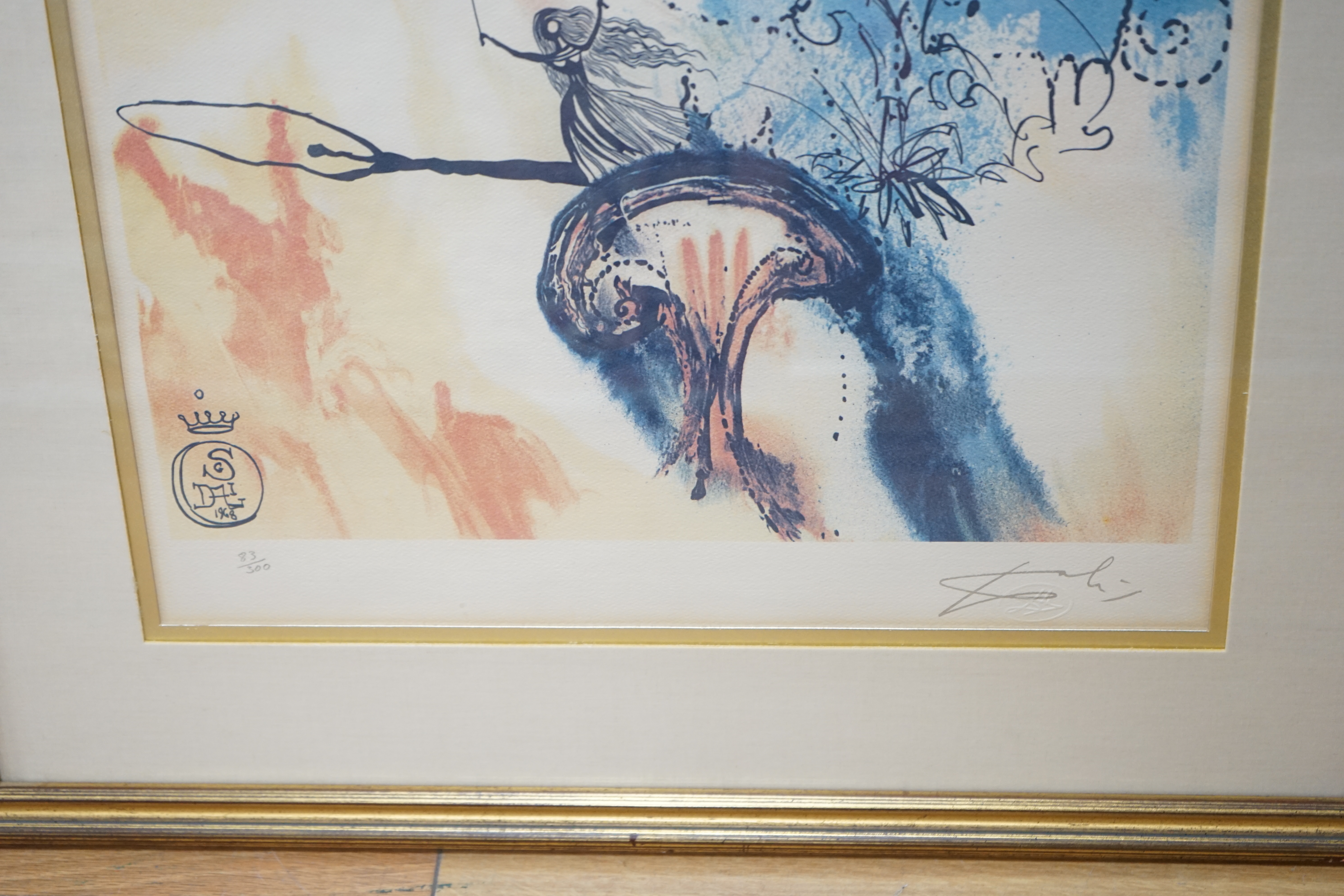 Salvador Dali (Spanish 1904-1989), colour lithograph, Alice in Wonderland, ‘Down the Rabbit Hole’, pencil numbered 83/300, facsimile signature, certificate of authenticity verso 56 x 37cm. Condition - fair